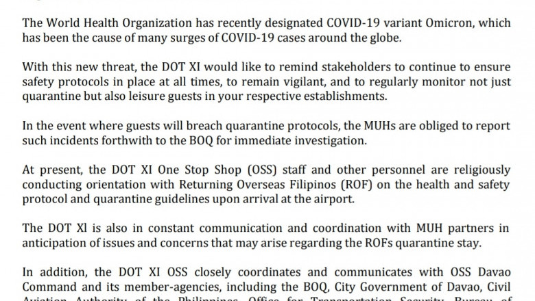 DOT 11 reminds Multiple-Use Hotels to impose quarantine protocols