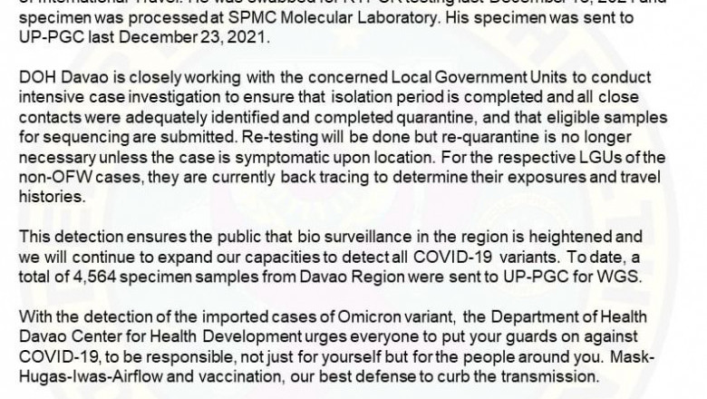 5 Omicron cases detected in Davao Region include a Davao City resident: DOH-Davao