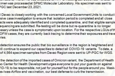 5 Omicron cases detected in Davao Region include a Davao City resident: DOH-Davao