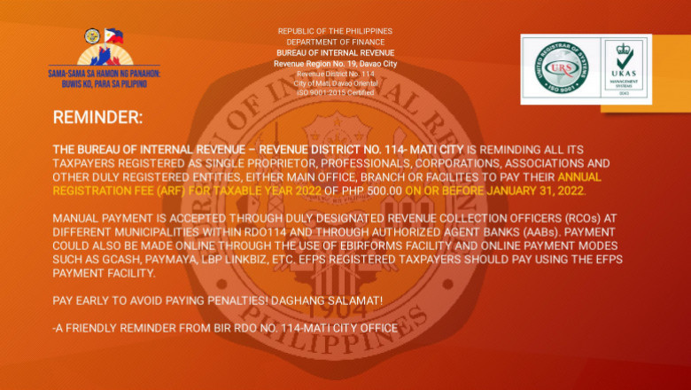 Mati City taxpayers reminded to pay their annual registration fee on or before Jan. 31,2022