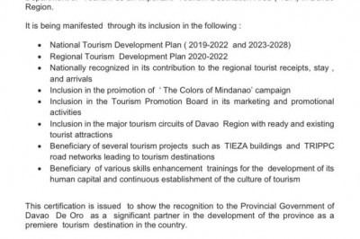 Davao de Oro named tourism destination