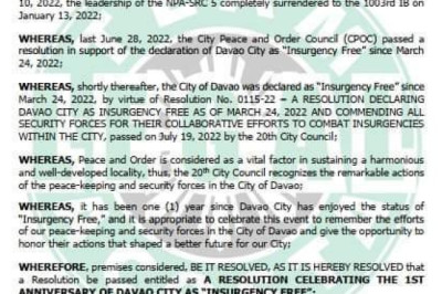 SP resolution celebrating Davao City as insurgency-free lauded