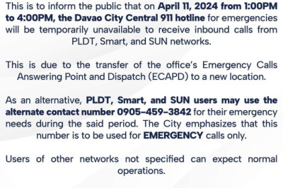 Davao Central 911 hotline to undergo maintenance April 11
