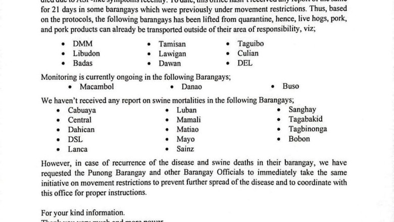 Mati City lifts quarantine  on several Barangays  amid declining swine mortality  reports