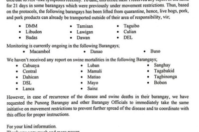Mati City lifts quarantine  on several Barangays  amid declining swine mortality  reports