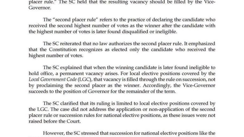 SC ABANDONS ‘SECOND PLACER RULE,’ SAYS VICE-GOVERNOR SHOULD SUCCEED DISQUALIFIED WINNER