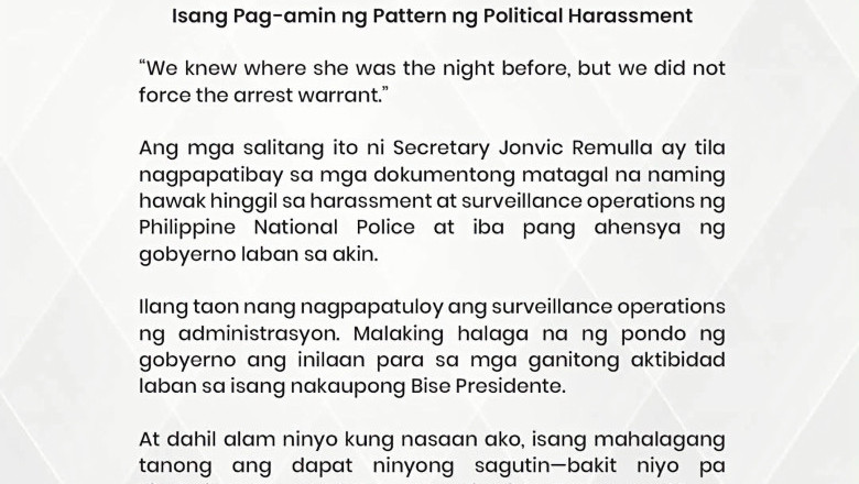 VP Sara Duterte, inakusahan ang gobyerno ng patuloy na political harassment at surveillance