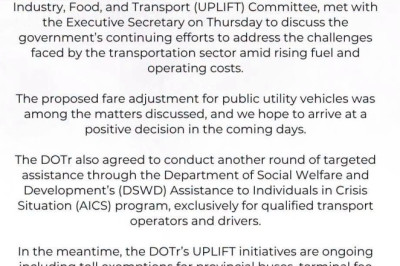 DOTr eyes fare adjustment, additional aid for transport sector