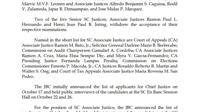 JBC submits shortlists for Chief Justice, SC Associate Justice posts