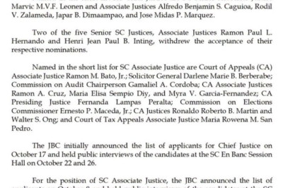 JBC submits shortlists for Chief Justice, SC Associate Justice posts